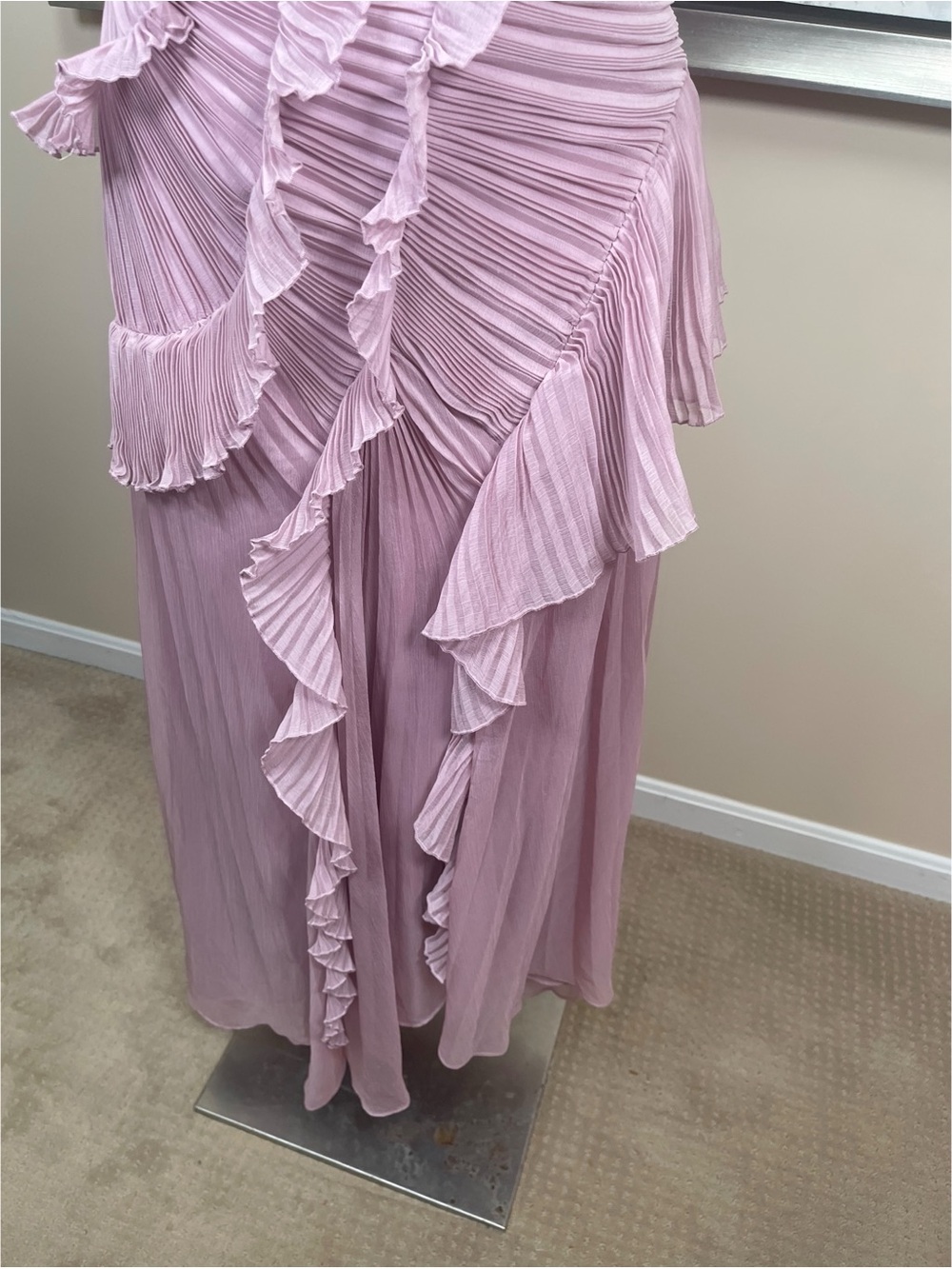 AMUR Lorelie Ruffle Ruched Pleated Halter Asymmetric Pink Maxi Gown Size 8 - Picture 6 of 9